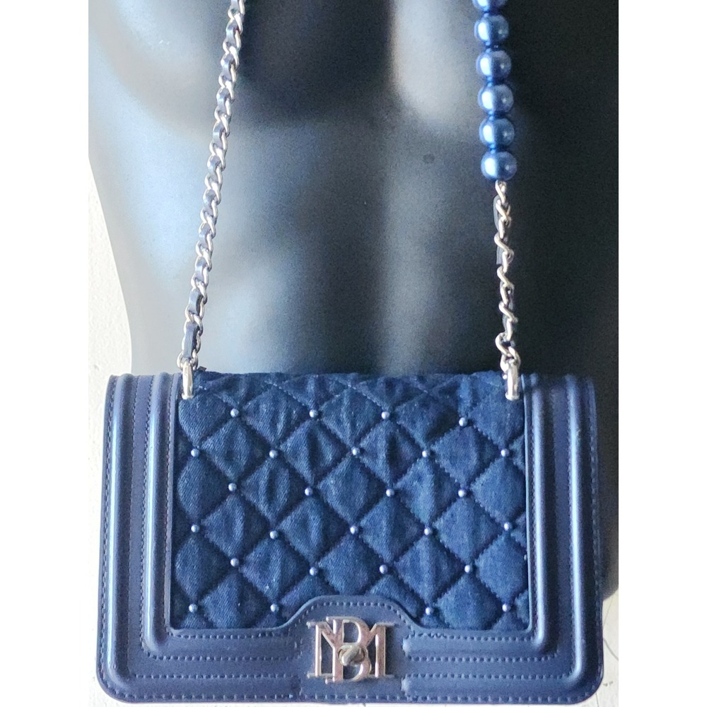 Badgley Mischka Navy Denim Quilted Crossbody Bag with Pearls BM-4150 - Picture 1 of 7